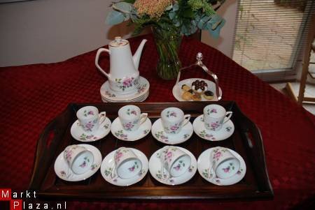 Mooie koffie/theepot, 8 kop en schot.- 5 geb.bord Chodziez - 1