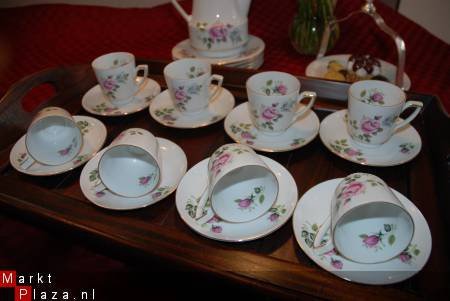 Mooie koffie/theepot, 8 kop en schot.- 5 geb.bord Chodziez - 1