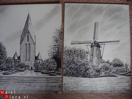 2 tekeningen kerk en molen van Sint Michielsgestel J Geerts - 1