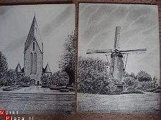 2 tekeningen kerk en molen van Sint Michielsgestel J Geerts
