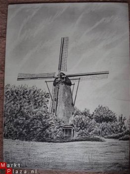 2 tekeningen kerk en molen van Sint Michielsgestel J Geerts - 1