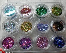 12 potjes Middel Glitters Acryl / Gel nail art dekkend kleur