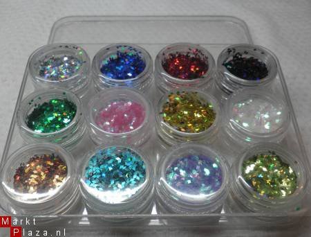 12 potjes Ruit Glitters Acryl / Gel nail art dekkend kleur - 1