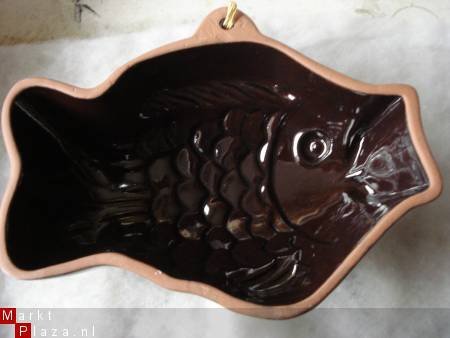 prachtige keramiek bruine puddingvorm vis retro 22 cm - 1