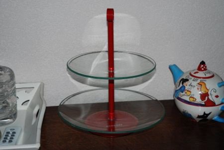 *** Leuke glazen 2 laags etagere *** Rood handvat - 1