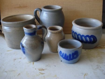 Keuls aardewerk potjes en kannetjes 6 stuks grijs en blauw - 1