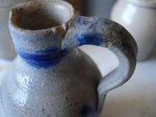 Keuls aardewerk potjes en kannetjes 6 stuks grijs en blauw
