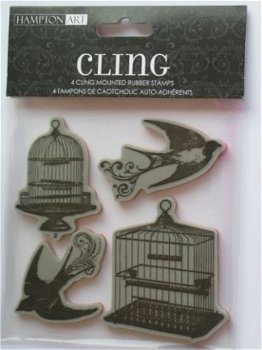 hampton art rubber cling stamp bird & cages - 1