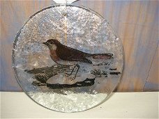 klein rond glaspaneeltje met afbeelding vogel 12 cm retro