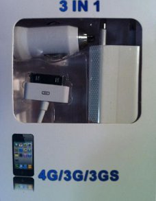 3 in1 oplader set voor iPhone 2G,3G,3GS,4G, iPod, €8.50