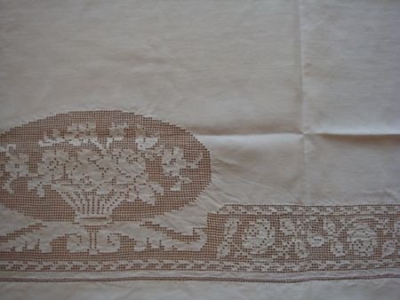 Brocante linnen tafelkleed rechthoekig met ajourwerk - Afbeelding 3
