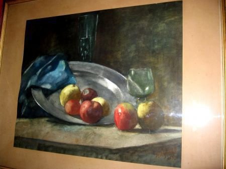 Tinnen Schaal met appels en glazen - H. Nijhoff Ft 1889 - 1