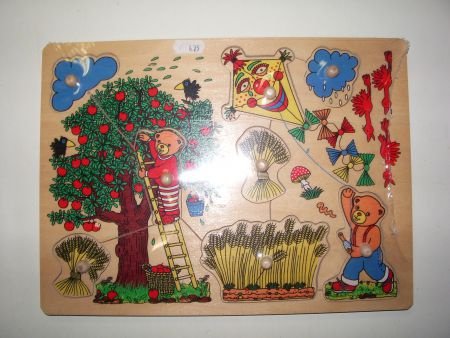 Houten Knoppuzzel. Appelboom, beren, vlieger, graan. - 1