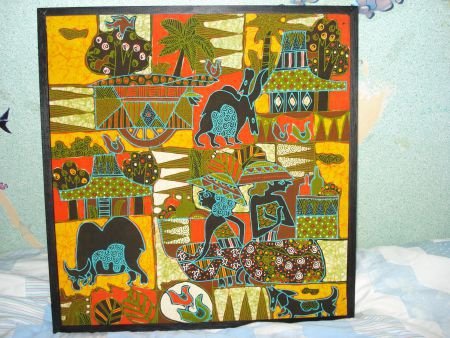batik schilderij ingelijst 45 x 47 prachtige kleuren - 1