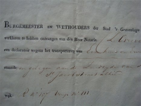 Akte overdracht St. Jacobstraat 157 Den Haag uit 1826 - 2