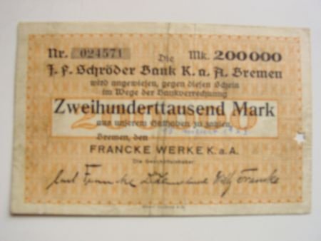 Duitsland noodgeld 200,000 Mark Bremen - 1