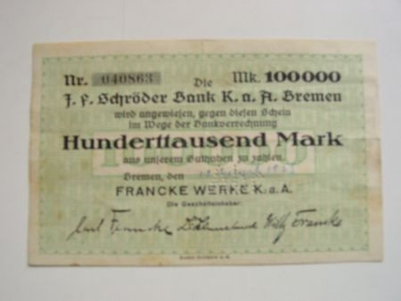Duitsland noodgeld 100,000 Mark Bremen - 1