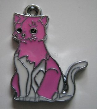 bedeltje/charm emaille :poes rose - 28x22 mm (nog 9 st.) - 1