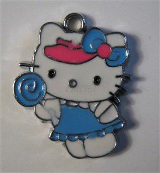 bedeltje/charm emaille :hello kitty +lollie blauw -20x17mm - 1