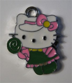 bedeltje/charm emaille :hello kitty +lollie groen -20x17mm - 1