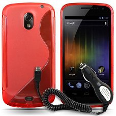 Comutter Silicone rood hoesje+ autolader Samsung i9250 Galax
