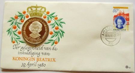 Zilveren penning Beatrix 1980 in FDC envelop - 1