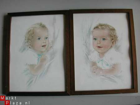 2schilderijtjes/tekeningen van babys in pasteltinten reprodu - nr. 1