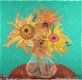 Oliepastel: Zonnebloemen in glazen vaas - 1 - Thumbnail