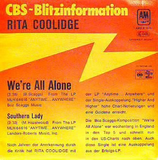 VINYLSINGLE * RITA COOLIDGE * WE'RE ALL ALONE * GERMANY 7