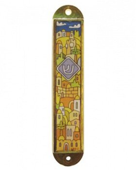 UK28418-NICKEL MEZUZAH,EPOXY 5CM-THE HOLY CITY,BROWN - 1