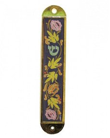 UK28423-NICKEL MEZUZAH,EPOXY 5CM-FLOWERS,BLUE,