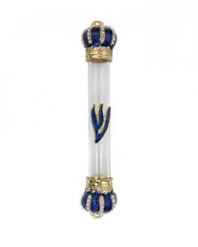 UK29014-GLASS TUBE MEZUZAH 10 CM-BLUE METAL CROWN - 1