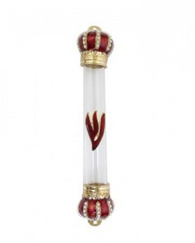 UK29023-GLASS TUBE MEZUZAH 12CM-RED METAL CROWN - 1