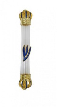 UK29028-GLASS MEZUZAH 15cm BLUE HOLLOW METAL CROWN - 1