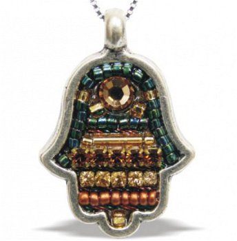 UK73932-PEWTER HAMSA PENDANT3CM,SET WITH GREEN/YELLOW STONE - 1