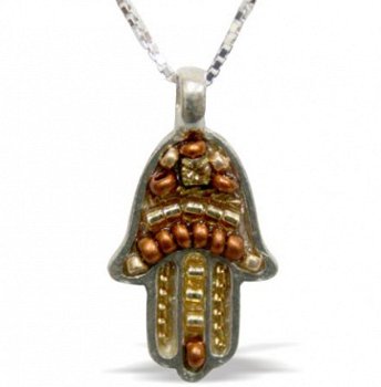 UK73937-SS HAMSA PENDANT 2 3CM,SET WITH BROWN - 1