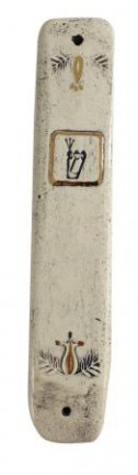 UK78218-CLAY MEZUZAH WITH GOLD 24KT ORNAMENTS-7CM