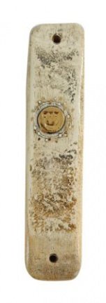 UK78226-CLAY MEZUZAH WITH GOLD 24KT ORNAMENTS-7CM