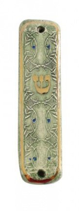 UK78228-CLAY MEZUZAH WITH GOLD 24KT ORNAMENTS-7CM