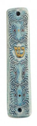 UK78230-CLAY MEZUZAH WITH GOLD 24KT ORNAMENTS-7CM