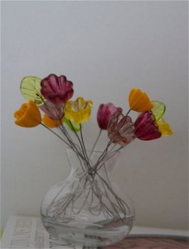 Bos handgemaakte bloemen van glas incl. vaasje. - 1