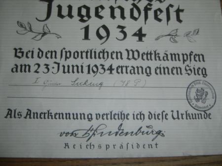 Urkunde Deutsche Jugendfest 1934 - 1
