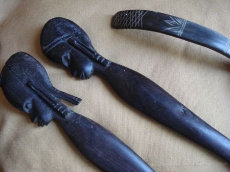 Afrikaanse houten lepel en vork + lepel van been/kokosnoot - 1