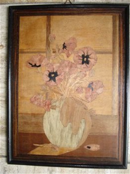 houten schilderij met inlegwerk vaas met bloemen 30 x 40 cm - 1