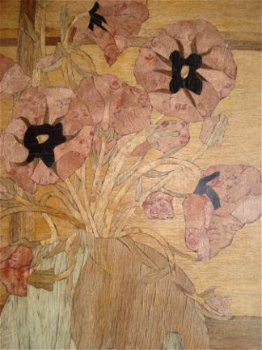 houten schilderij met inlegwerk vaas met bloemen 30 x 40 cm - 1