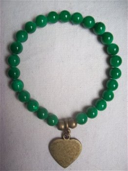 armband met echte parelmoer parel groen met brons bedel hart - 1