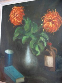 bolchrysanten in tinnen vaas - gesigneerd - 1