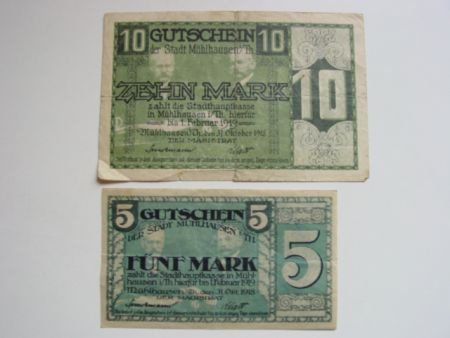 Twee noodgeldbiljetten Muhlhausen 5 en 10 Mark - 1
