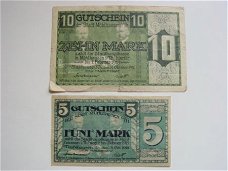 Twee noodgeldbiljetten Muhlhausen 5 en 10 Mark