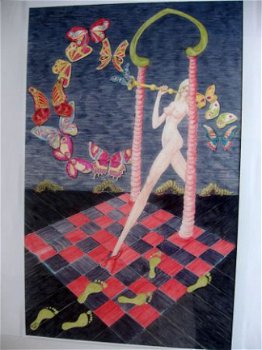 Surrealisme - naakt met blaasinstrument - D. Muchow geb.1921 - 1